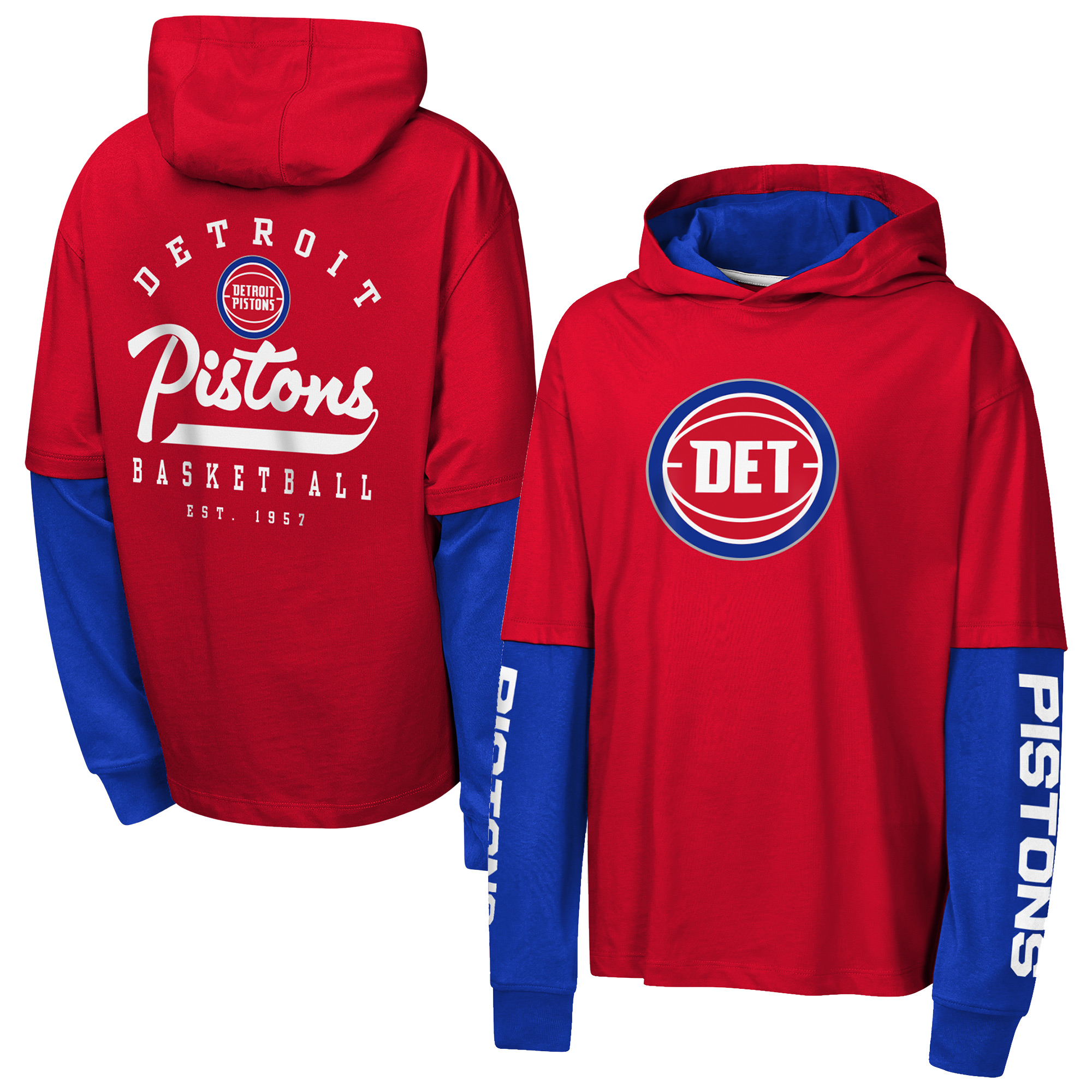 Outerstuff Big Boys' and Girls' Red Detroit Pistons Double Nickel Oversized Faux 2fer Hooded Sweatshirt - Red