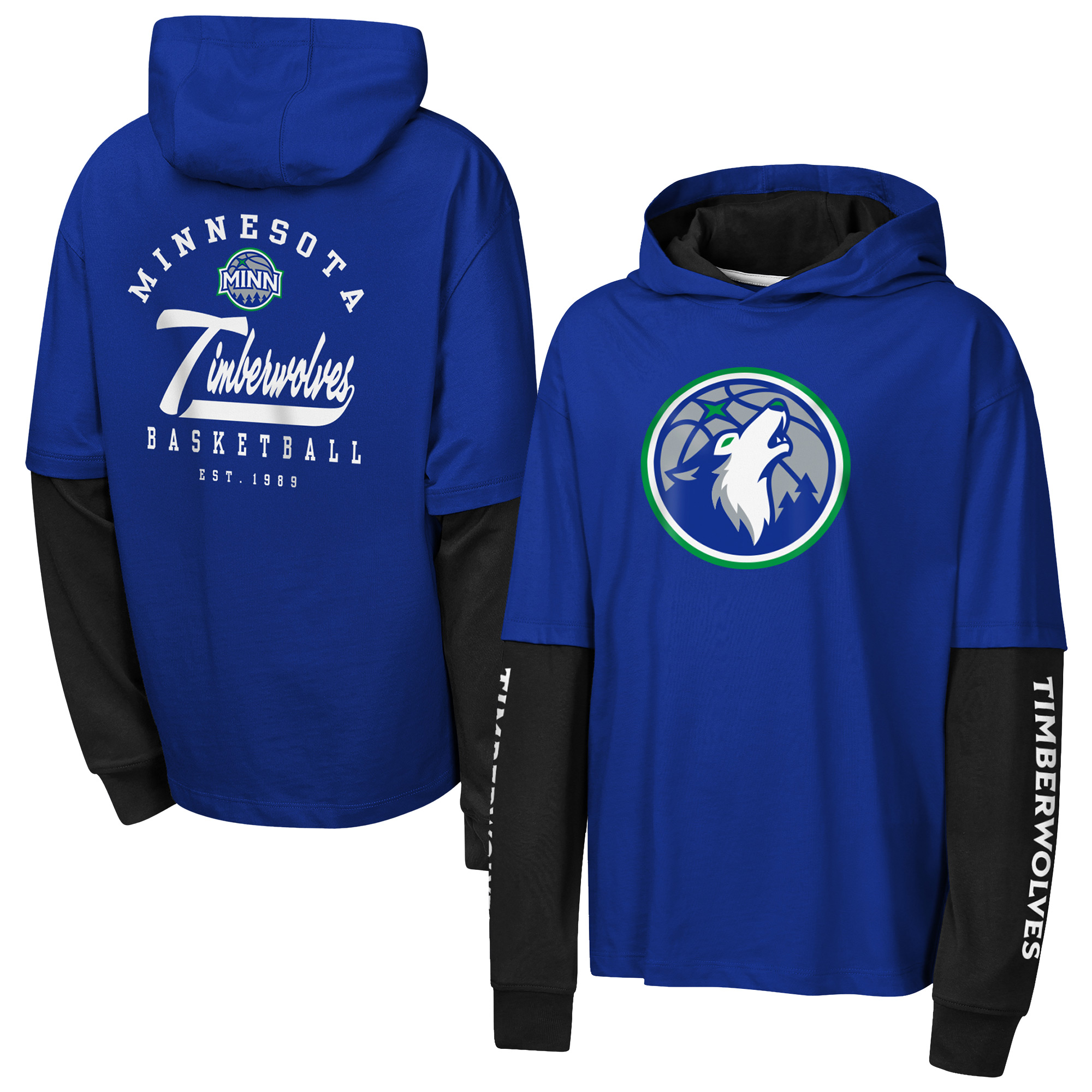 Outerstuff Big Boys' and Girls' Navy Minnesota Timberwolves Double Nickel Oversized Faux 2fer Hooded T-Shirt - Navy