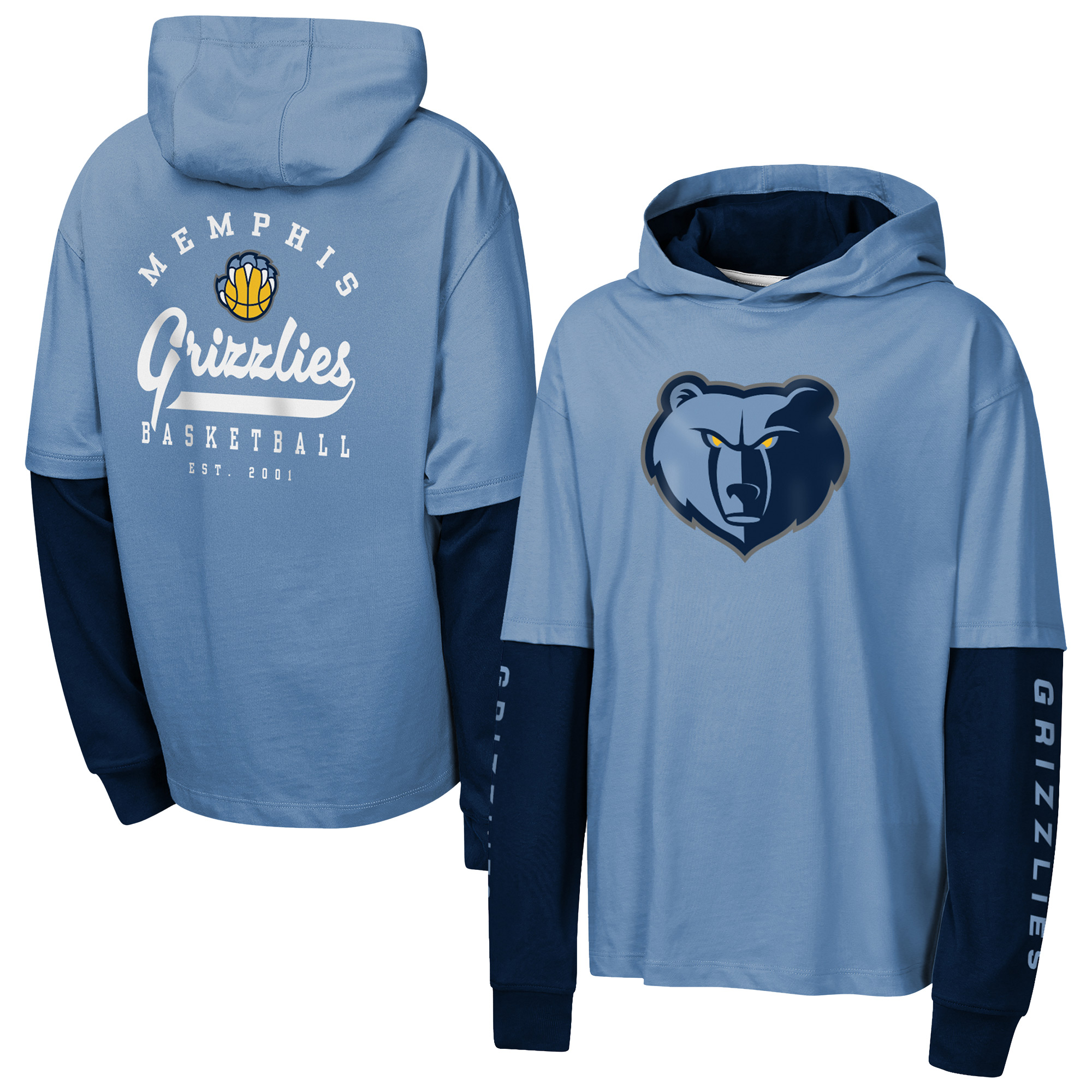 Outerstuff Big Boys' and Girls' Blue Memphis Grizzlies Double Nickel Oversized Faux 2fer Hooded T-Shirt - Blue