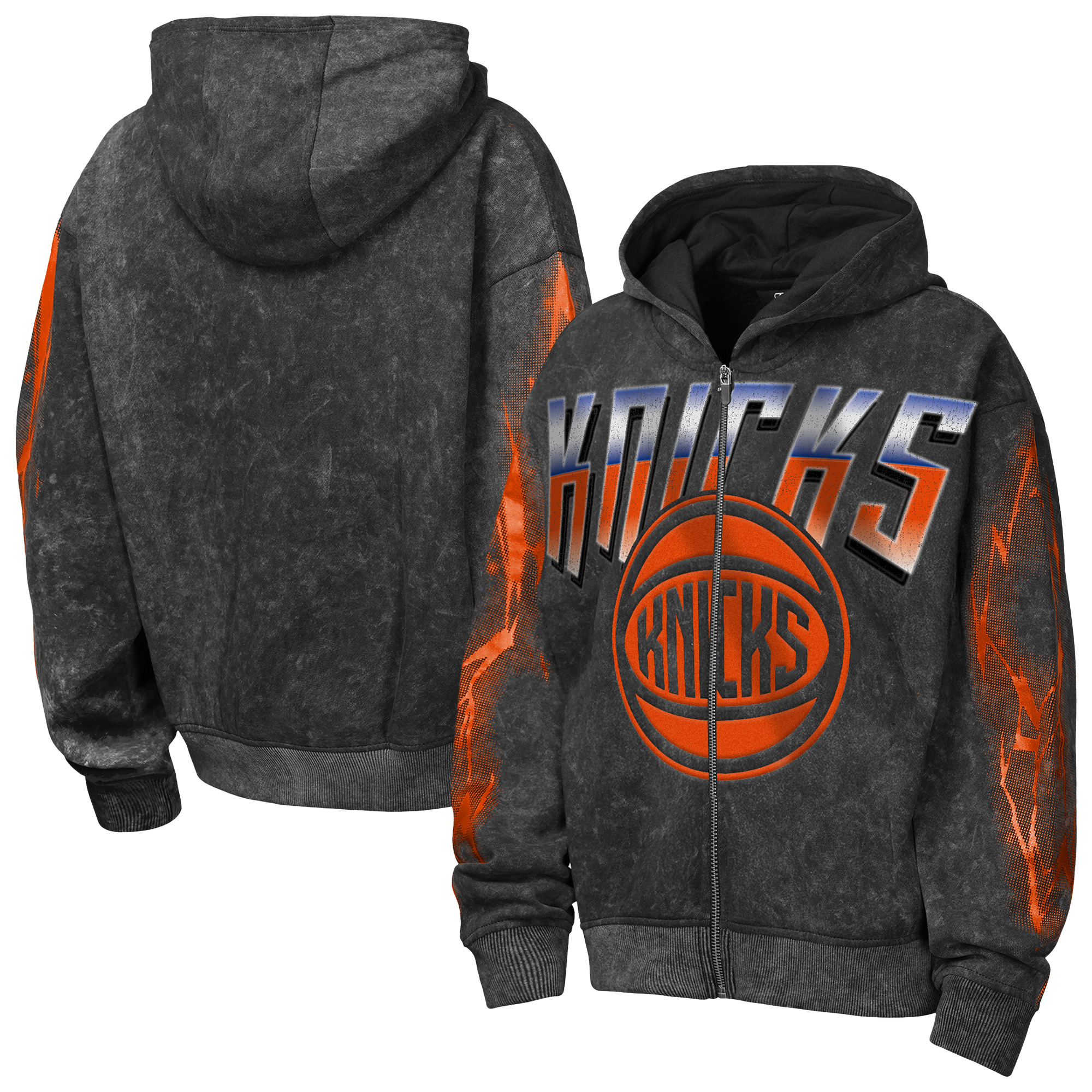 Youth Outerstuff  Black New York Knicks Heating Up Mineral Wash Oversized Full-Zip Hoodie