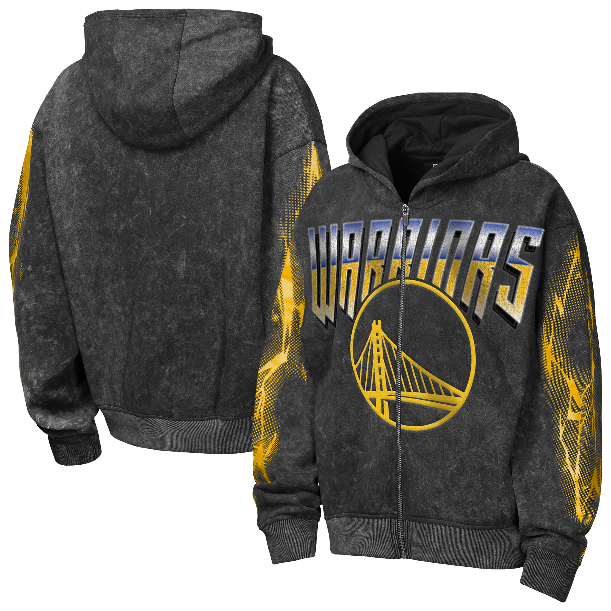 Youth Outerstuff  Black Golden State Warriors Heating Up Mineral Wash Oversized Full-Zip Hoodie