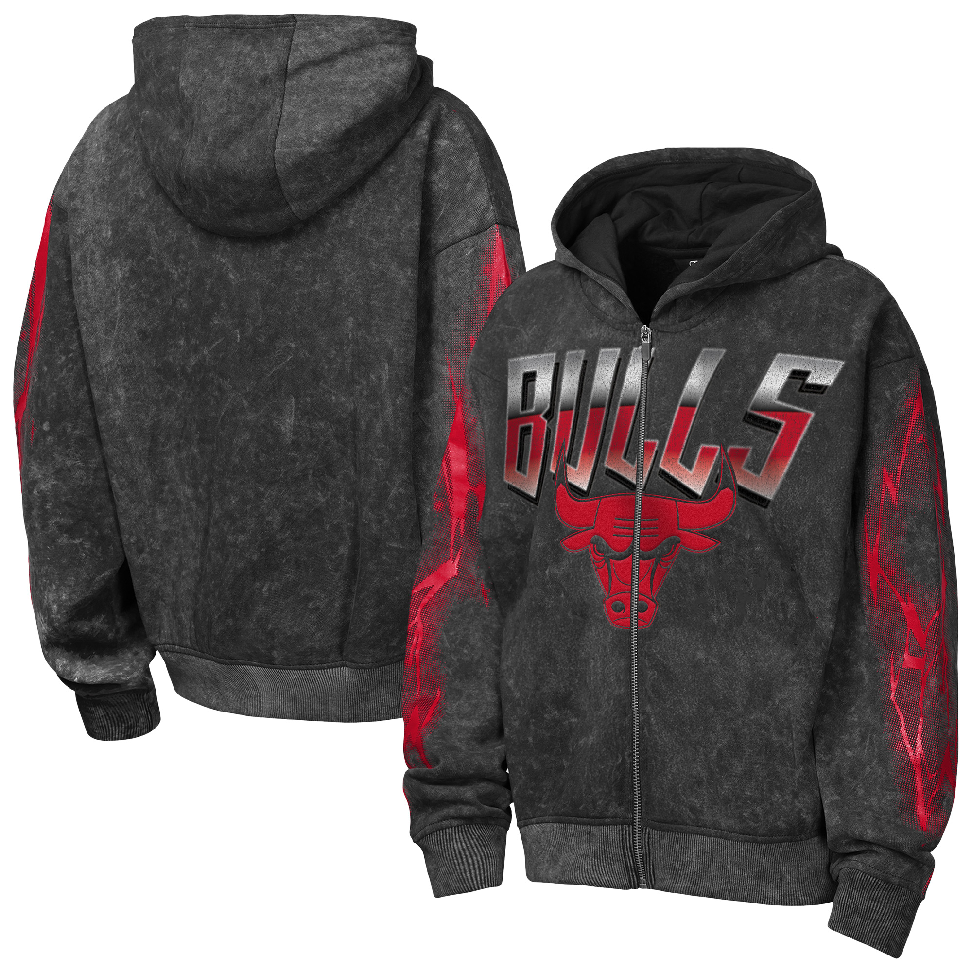 Youth Outerstuff Black Chicago Bulls Heating Up Mineral Wash Oversized Full-Zip Hoodie