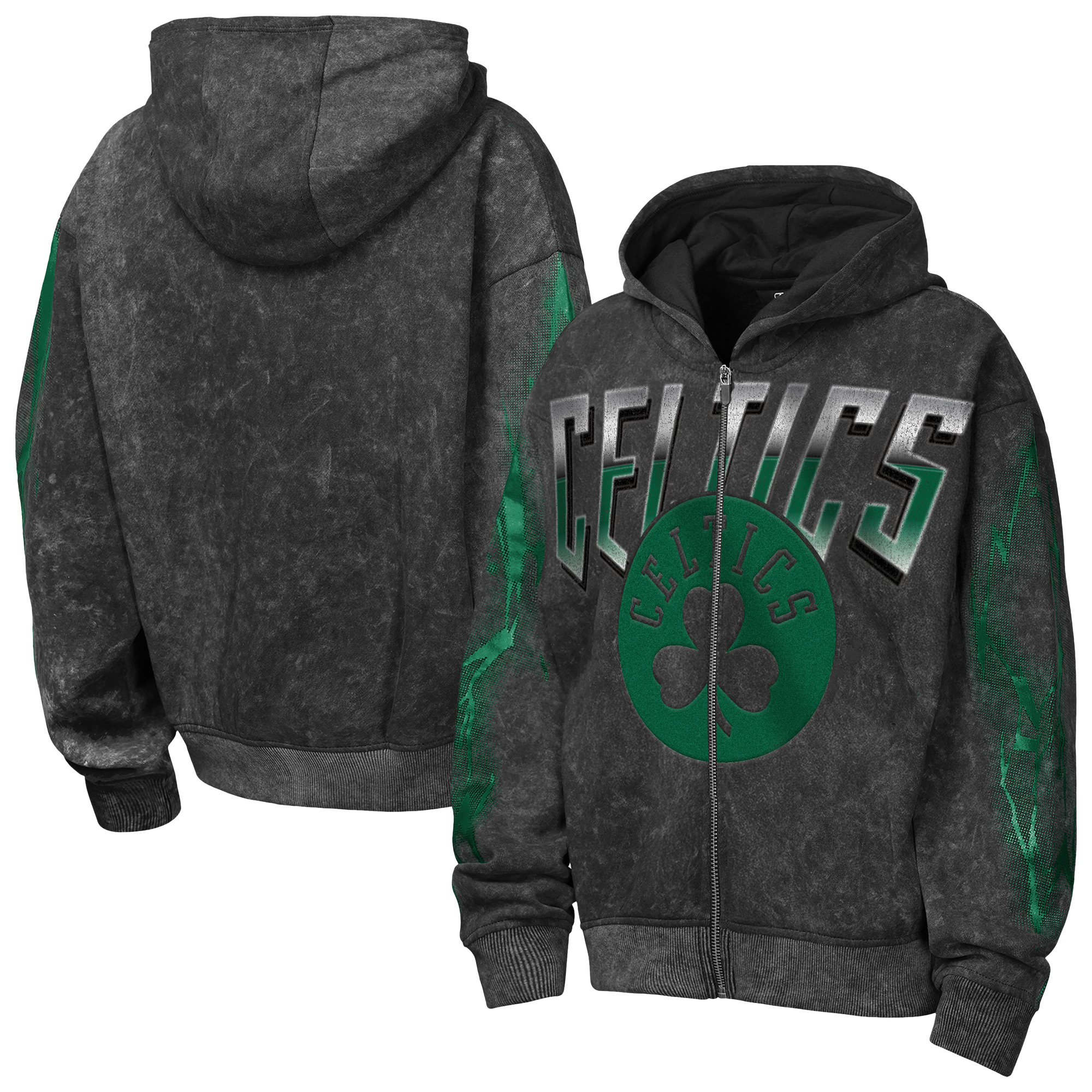 Youth Outerstuff  Black Boston Celtics Heating Up Mineral Wash Oversized Full-Zip Hoodie