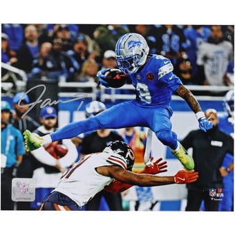 Jameson Williams Detroit Lions Autographed 8" x 10" Hurdle Over Bears Defender Photograph