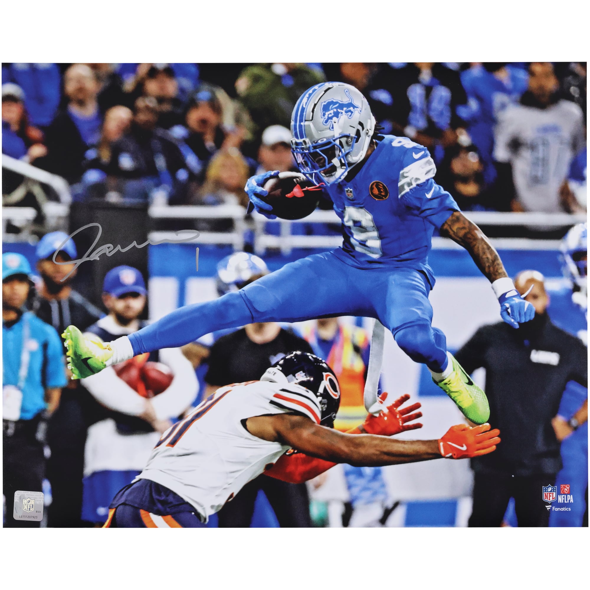 Jameson Williams Detroit Lions Autographed 16" x 20" Hurdle Over Bears Defender Photograph