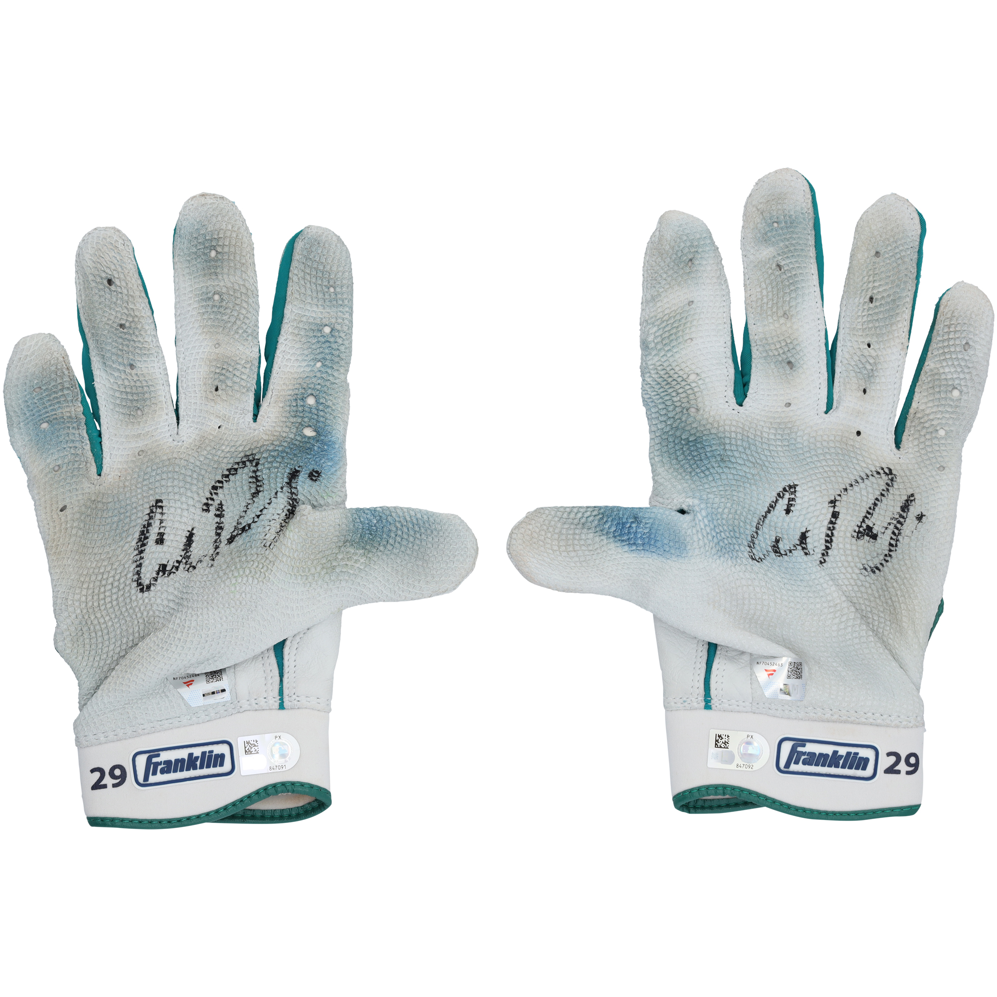 Cal Raleigh Seattle Mariners Autographed Game-Used White/Teal Franklin Batting Gloves from the 2025 MLB Season - NF70452463-64