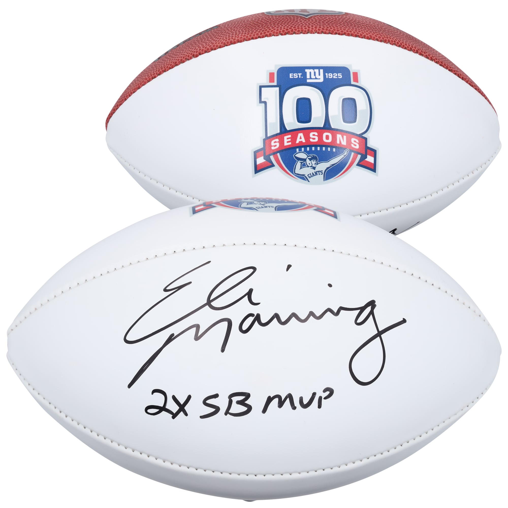 Eli Manning New York Giants Autographed Wilson 100th Season White Panel Football with "2x SB MVP" Inscription