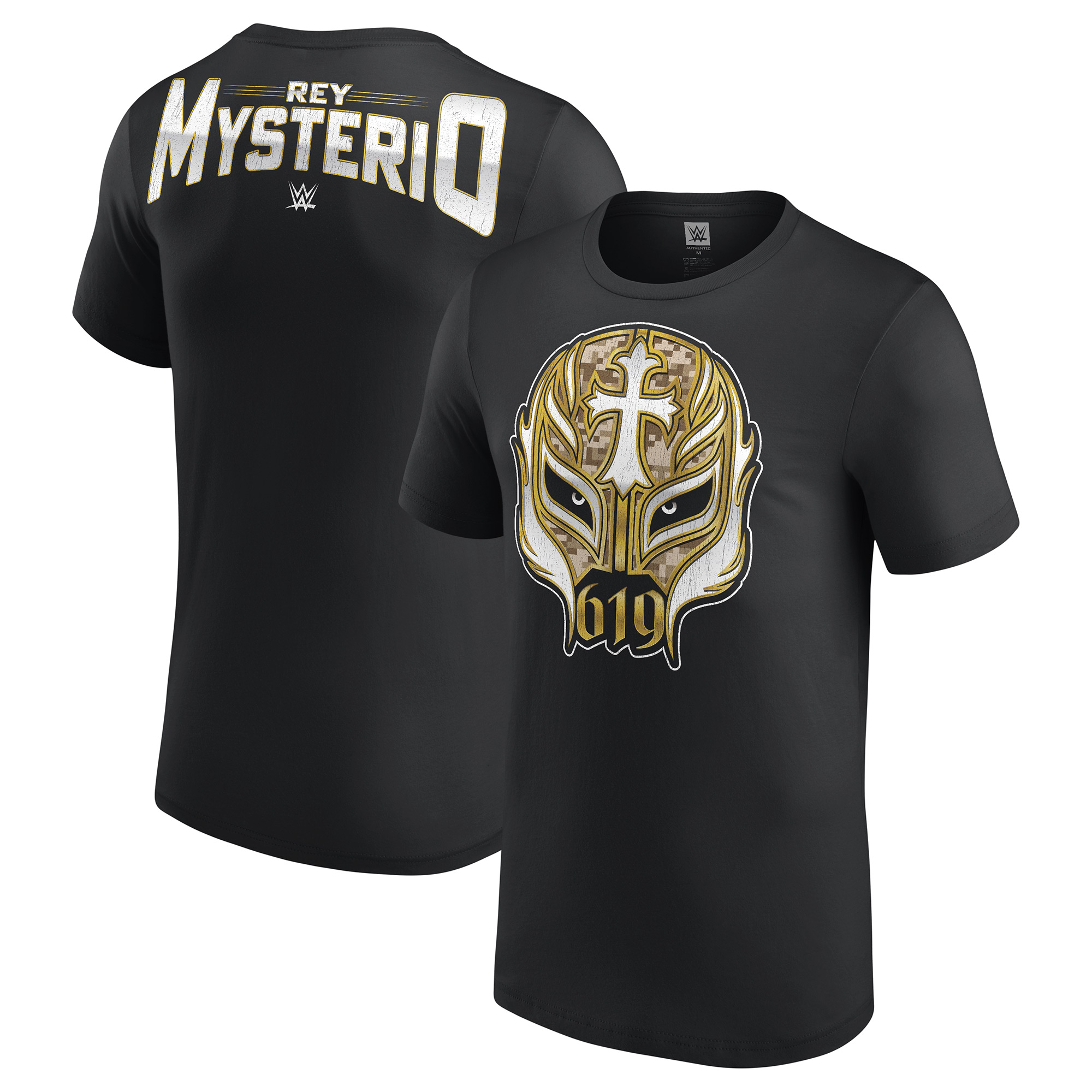 Men’s Black Rey Mysterio 619 Gold Mask T-Shirt Men’s Black Rey Mysterio 619 Gold Mask T-Shirt