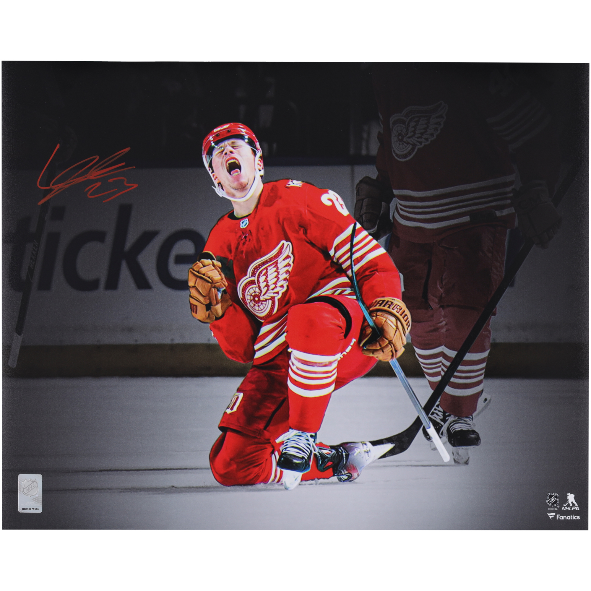 Lucas Raymond Detroit Red Wings Autographed 16" x 20" 100th Goal Celebration Spotlight Photograph