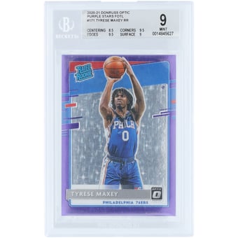 Tyrese Maxey Philadelphia 76ers 2020-21 Panini Donruss Optic Purple Stars Prizm #171 #7/13 BGS Authenticated 9 Rookie Card - 8.5,9.5,9.5,9 Subgrades