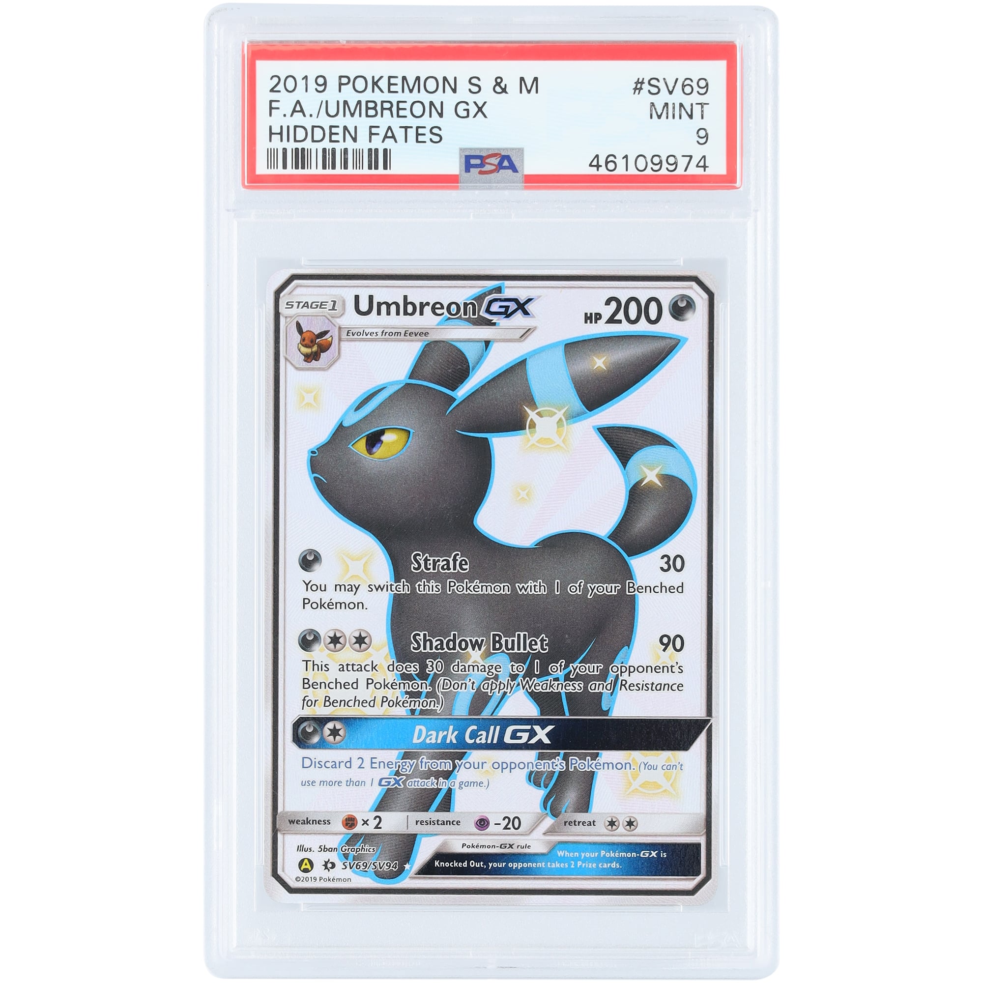 Umbreon GX 2019 Pokemon Sun & Moon Hidden Fates Full Art #SV69 PSA Authenticated 9 Card