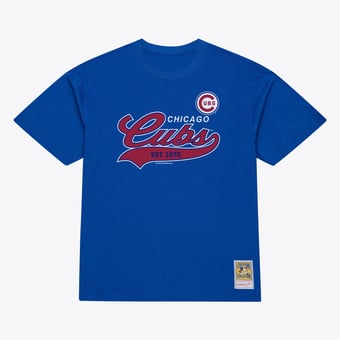Men's Mitchell & Ness  Royal Chicago Cubs Script Sweep Arch T-Shirt