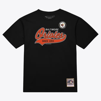 Men's Mitchell & Ness  Black Baltimore Orioles Script Sweep Arch T-Shirt