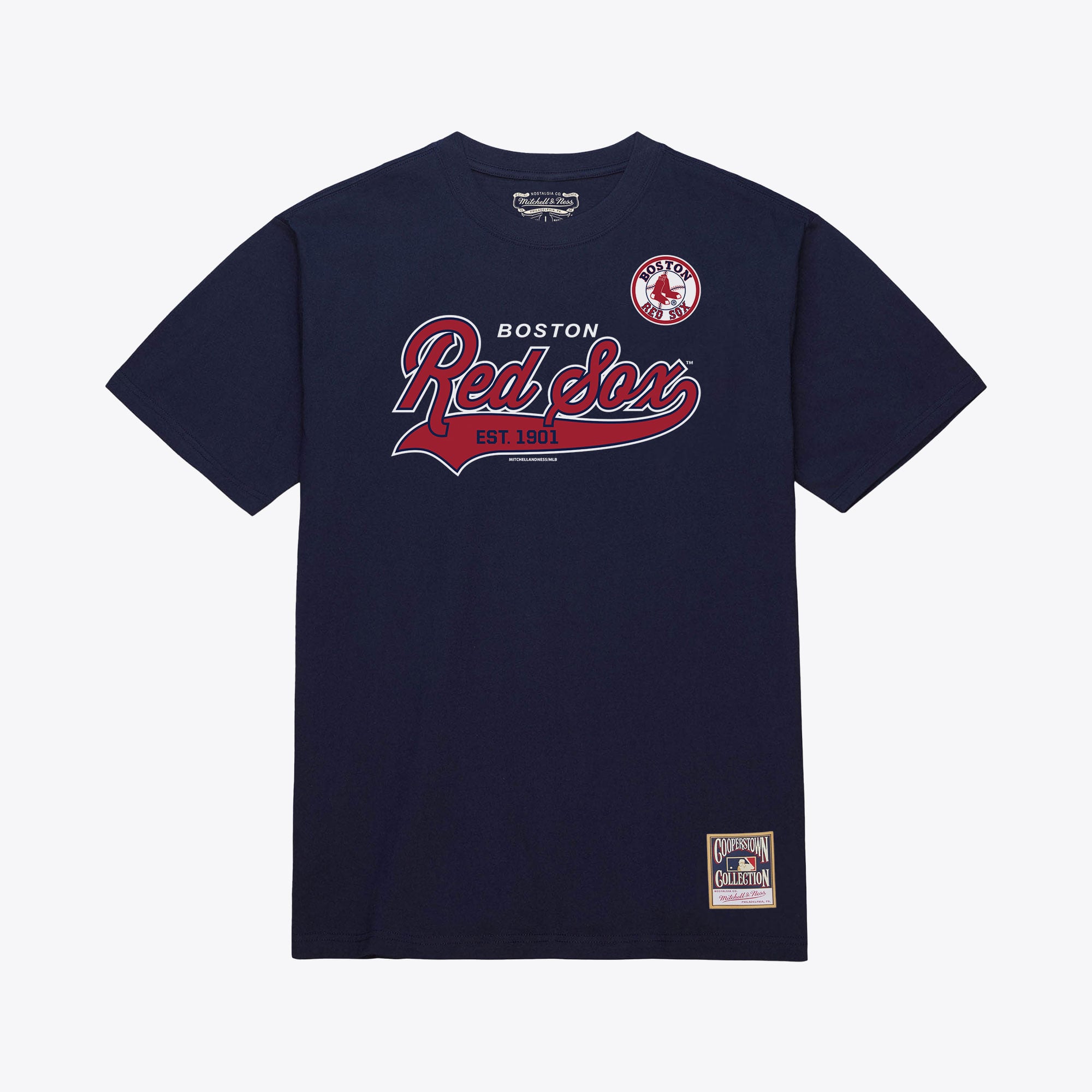 Men's Mitchell & Ness Navy Boston Red Sox Script Sweep Arch T-Shirt