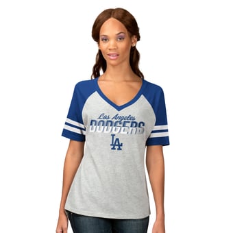 Women's G-III 4Her by Carl Banks Heather Gray Los Angeles Dodgers Goal Line Raglan V-Neck T-Shirt