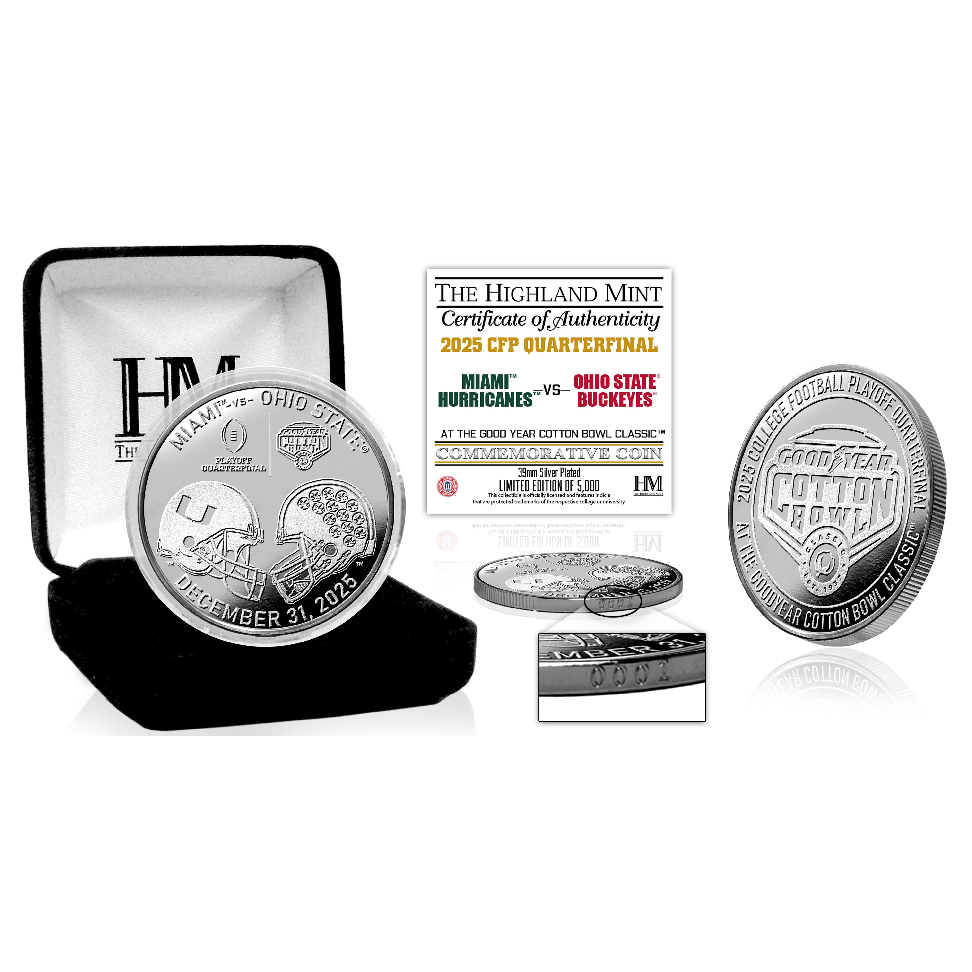 Highland Mint Miami Hurricanes vs. Ohio State Buckeyes College Football Playoff 2025 Cotton Bowl 39mm Silver Coin
