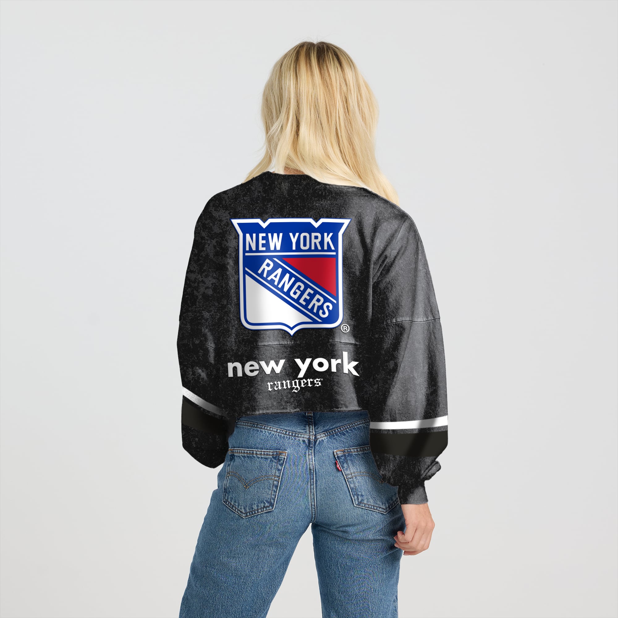 Women's Fanatics  Black New York Rangers Mineral Wash Oversized Long Sleeve Jersey T-Shirt