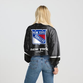 Women's Fanatics  Black New York Rangers Mineral Wash Oversized Long Sleeve Jersey T-Shirt