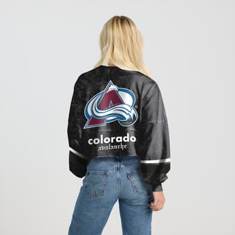 Women's Fanatics  Black Colorado Avalanche Mineral Wash Oversized Long Sleeve Jersey T-Shirt
