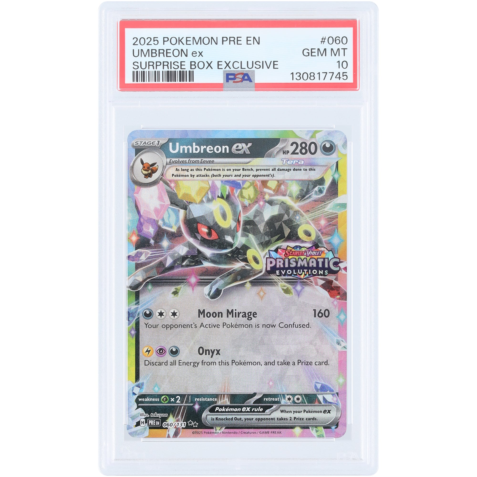 Umbreon EX 2025 Pokemon Prismatic Evolutions Stamp Promo Surprise Box Exclusive #060 PSA Authenticated 10 Card