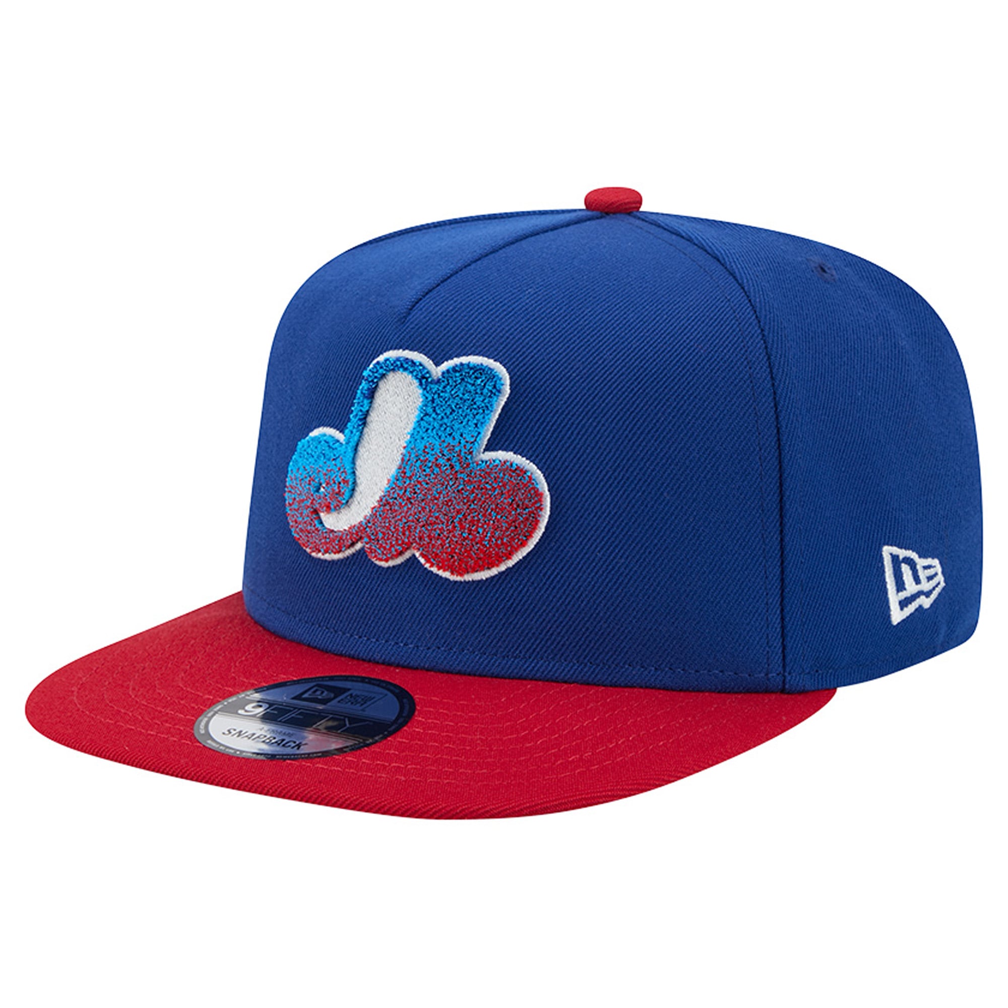 Men's New Era Blue/Red Montreal Expos Chenille Gradient A-Frame 9FIFTY Snapback Hat