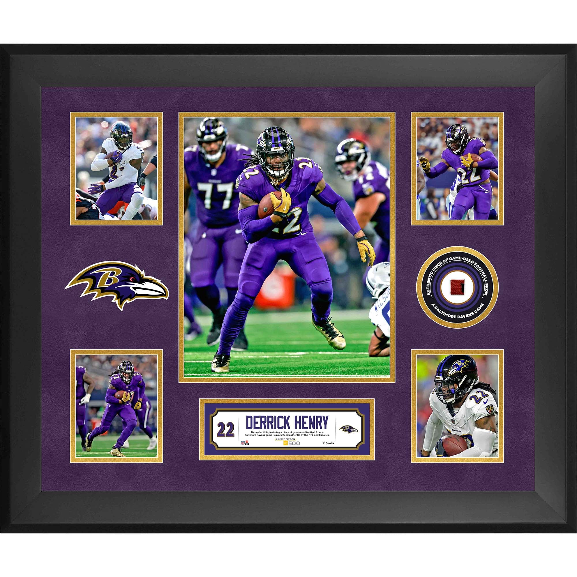 Collage di 5 foto incorniciato di Derrick Henry dei Baltimore Ravens, formato 20" x 24", con un pezzo di pallone da football usato in partita - Edizione limitata a 500 esemplari.