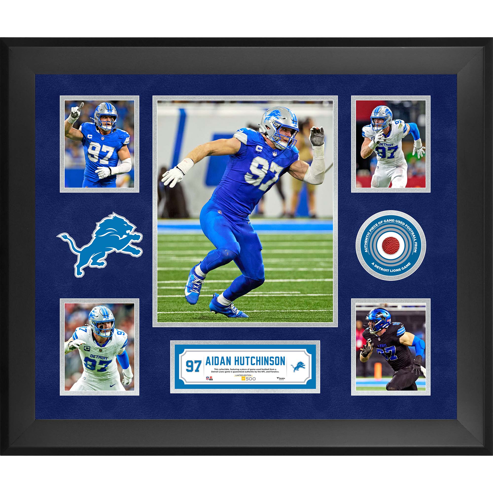 Aidan Hutchinson Detroit Lions Framed 20" x 24" 5-Photo Collage with a Piece of Game-Used Football - Limited Edition of 500