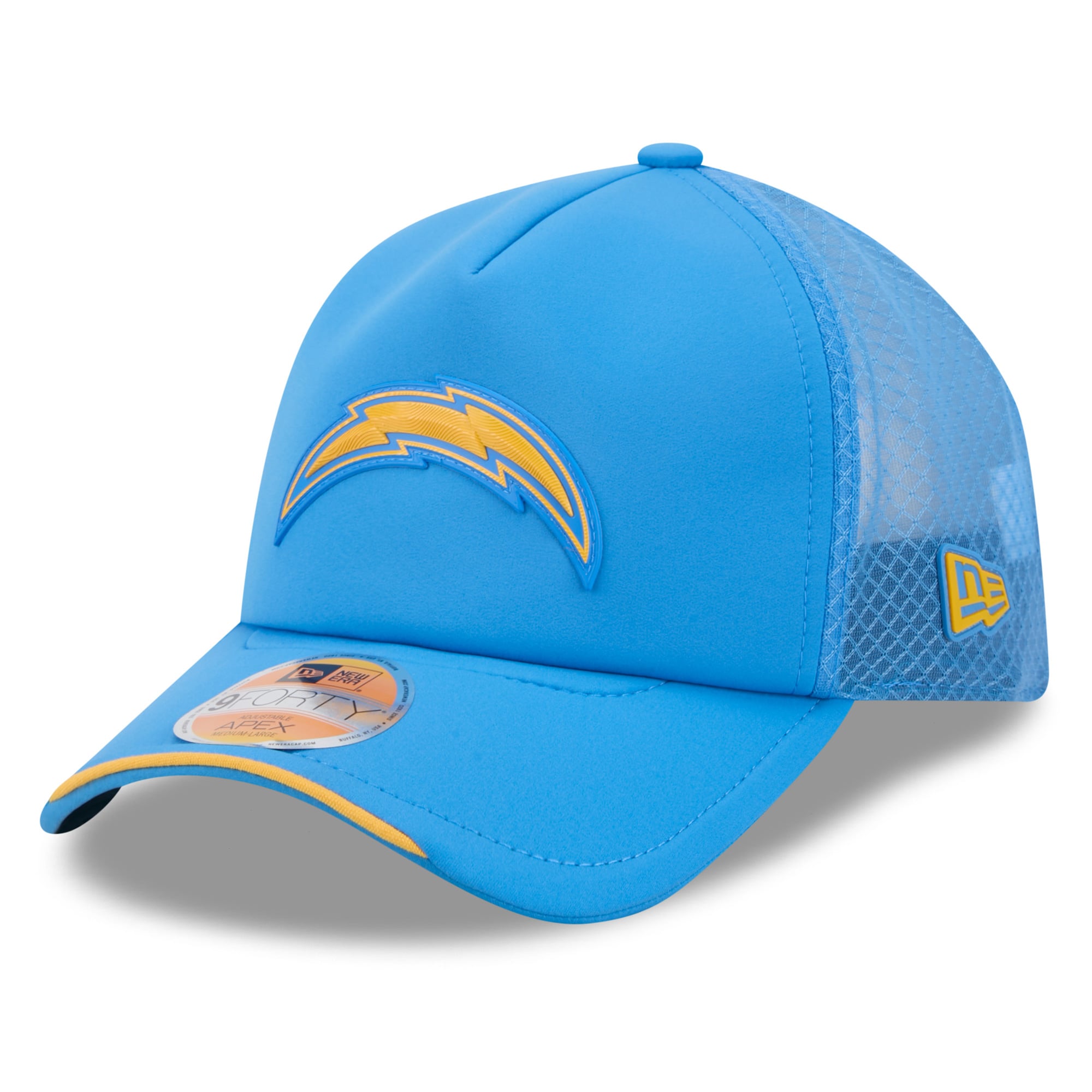 Youth New Era Powder Blue Los Angeles Chargers 2026 Sideline Apex 9FORTY Adjustable Trucker Hat