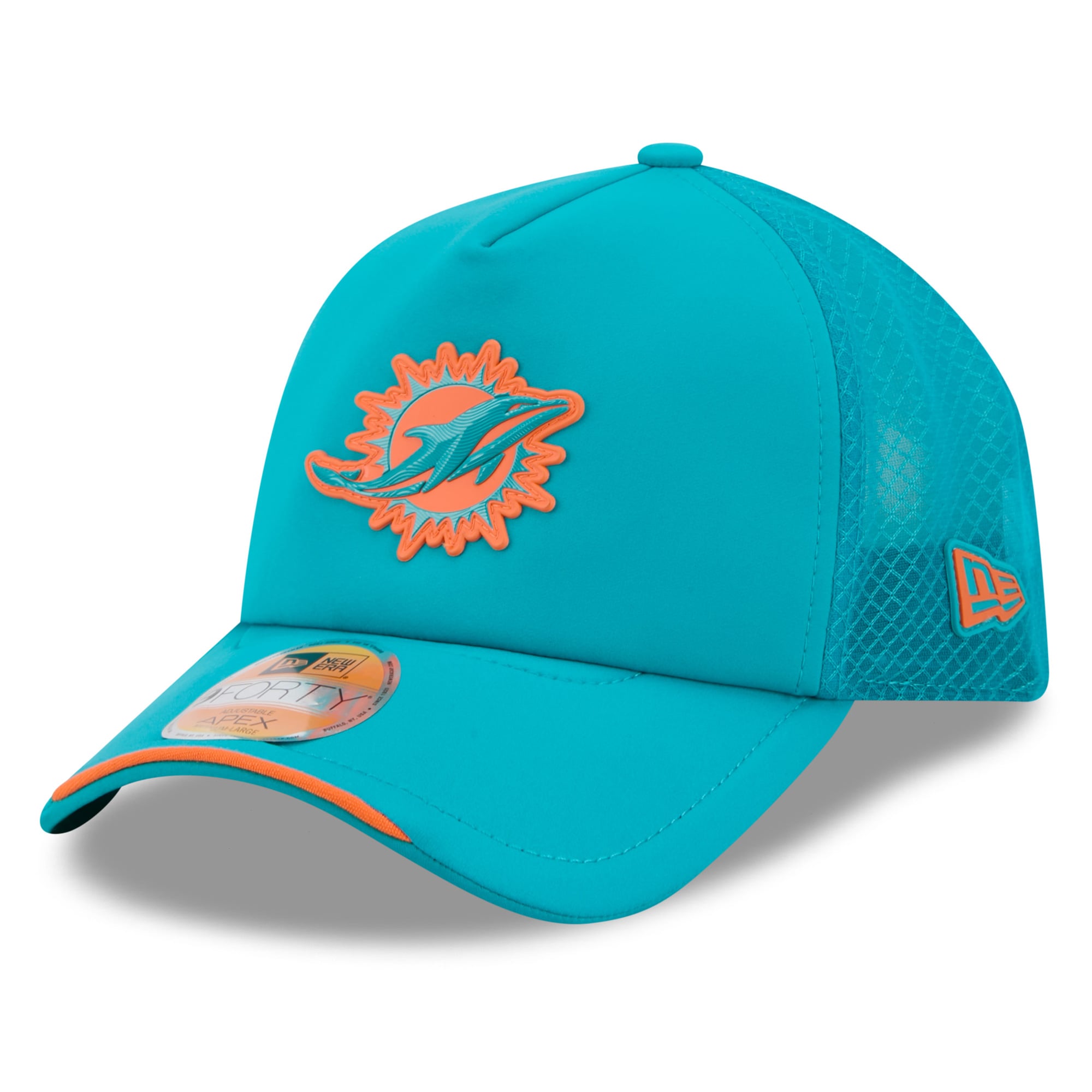 Youth New Era Aqua Miami Dolphins 2026 Sideline Apex 9FORTY Adjustable Trucker Hat