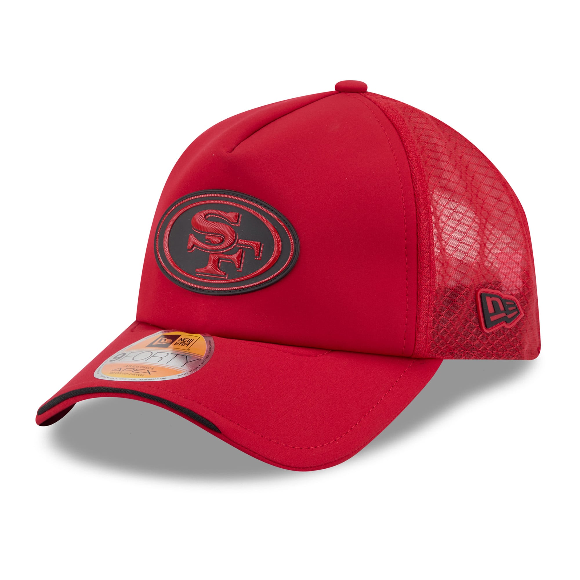 Youth New Era Scarlet San Francisco 49ers 2026 Sideline Apex 9FORTY Adjustable Trucker Hat