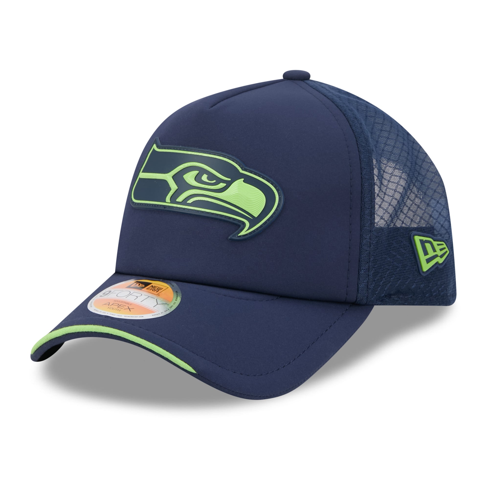 Youth New Era College Navy Seattle Seahawks 2026 Sideline Apex 9FORTY Adjustable Trucker Hat