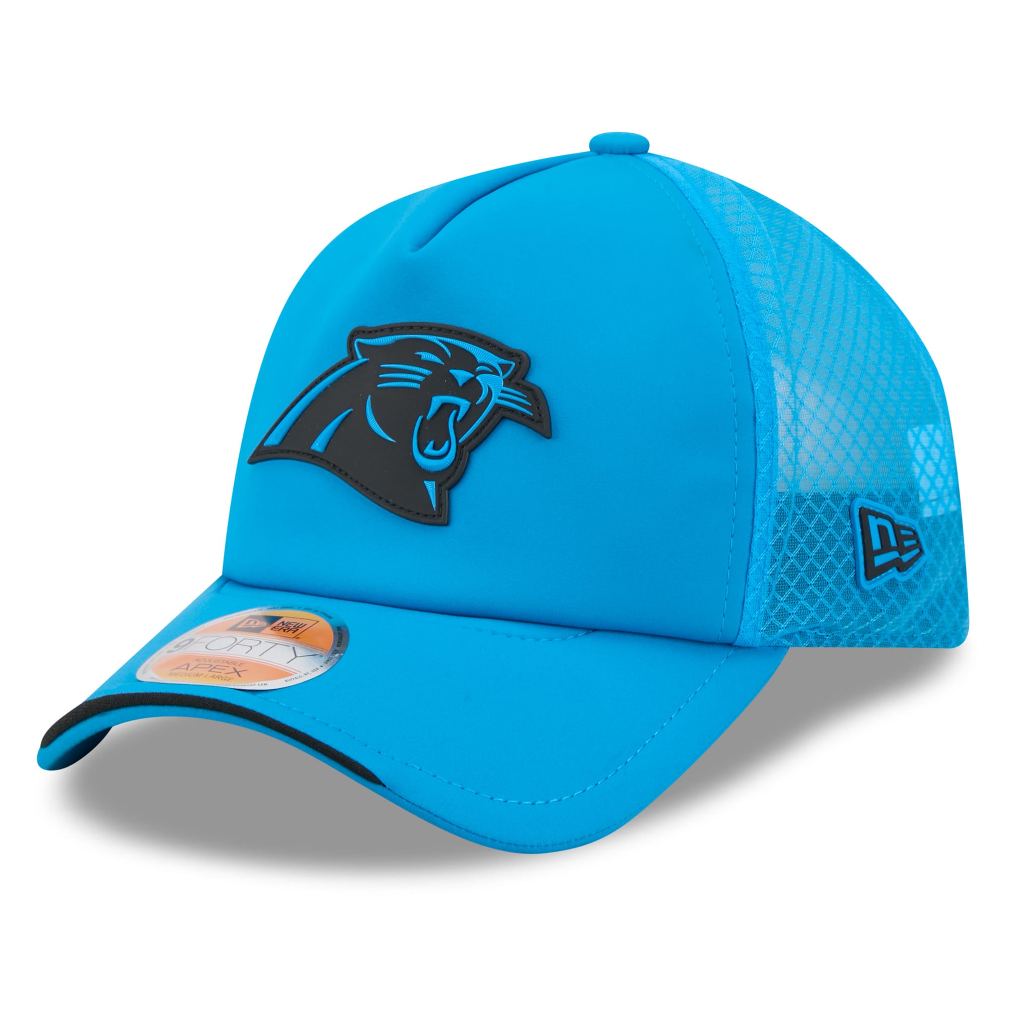 Youth New Era Blue Carolina Panthers 2026 Sideline Apex 9FORTY Adjustable Trucker Hat
