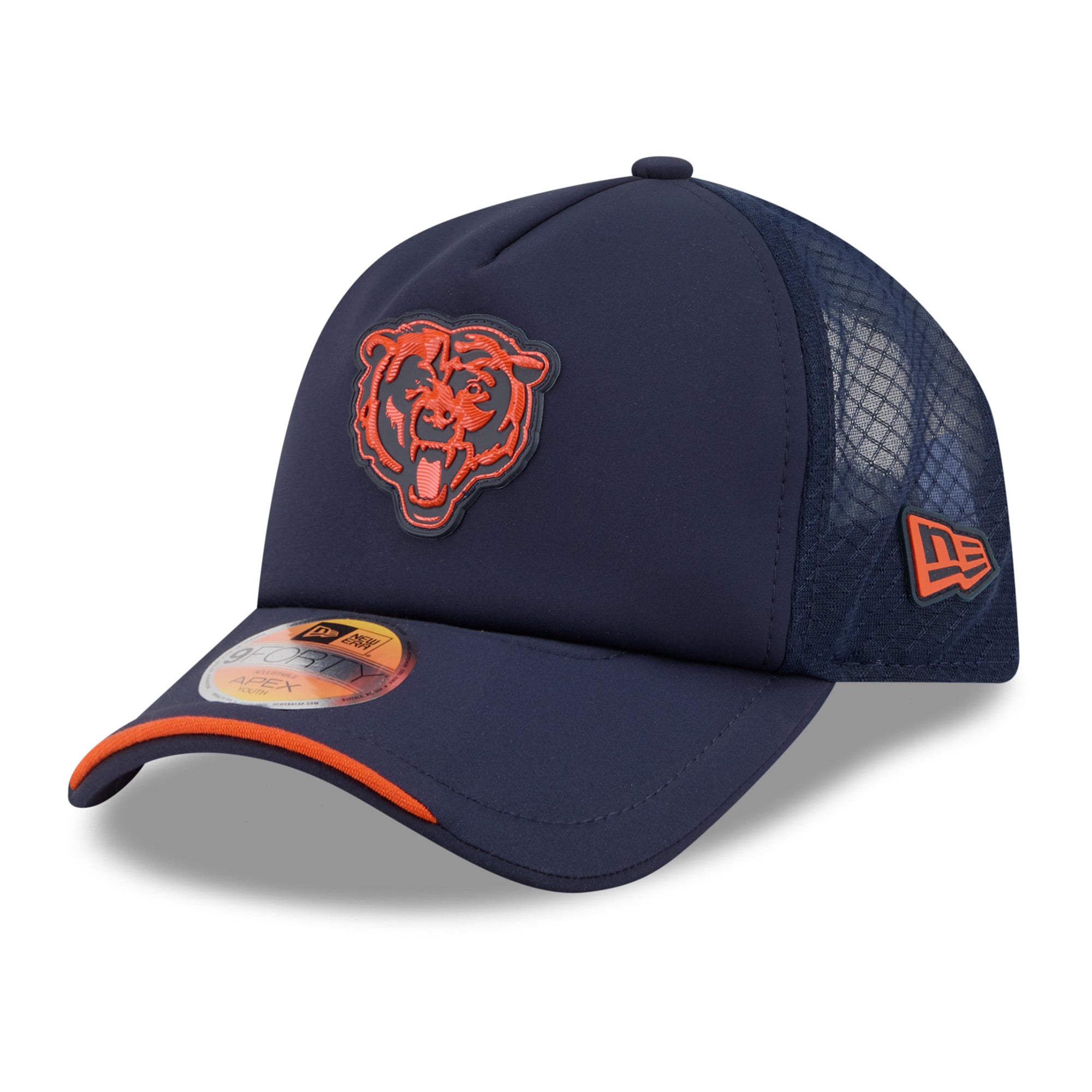 Youth New Era Navy Chicago Bears 2026 Sideline Apex 9FORTY Adjustable Trucker Hat