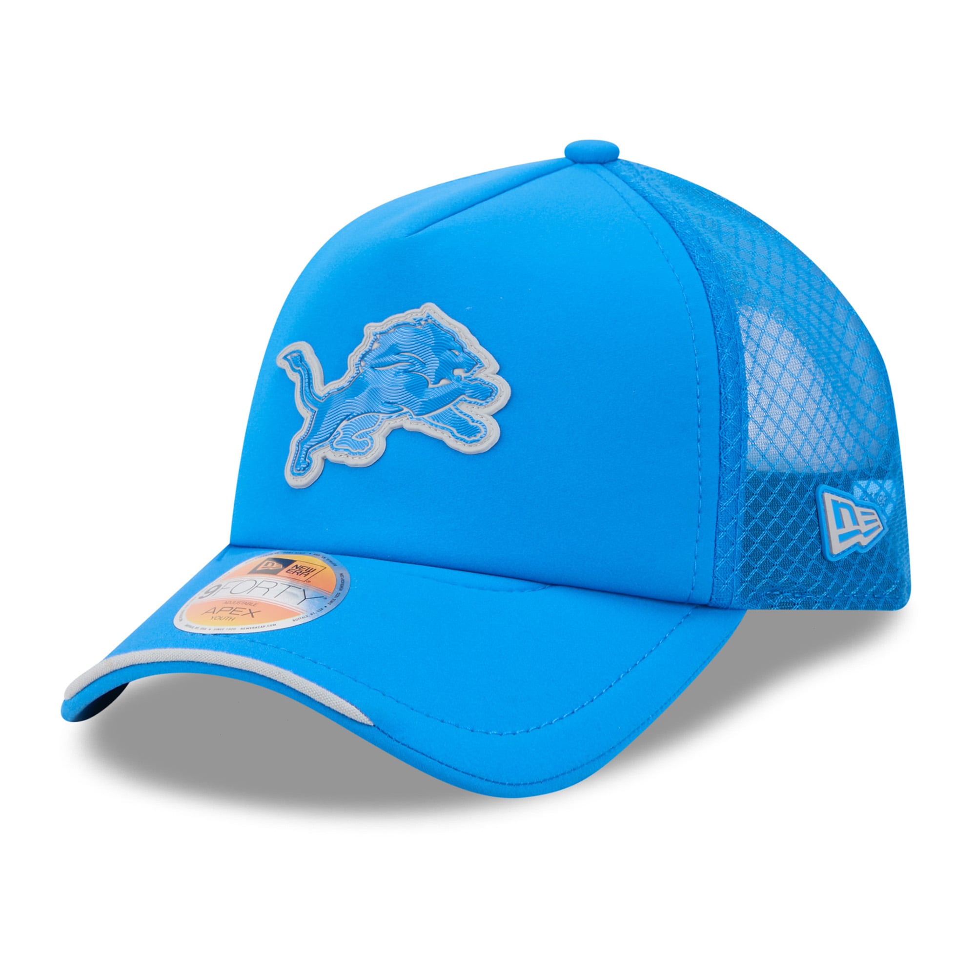Youth New Era Blue Detroit Lions 2026 Sideline Apex 9FORTY Adjustable Trucker Hat