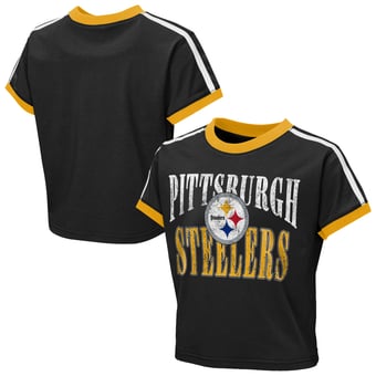 Girls Youth  WEAR by Erin Andrews  Black Pittsburgh Steelers Cropped Hail Mary Ringer Baby T-Shirt