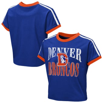 Girls Youth  WEAR by Erin Andrews  Royal Denver Broncos Cropped Hail Mary Ringer Baby T-Shirt