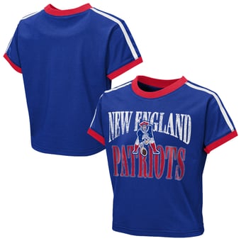 Girls Youth  WEAR by Erin Andrews  Royal New England Patriots Cropped Hail Mary Ringer Baby T-Shirt