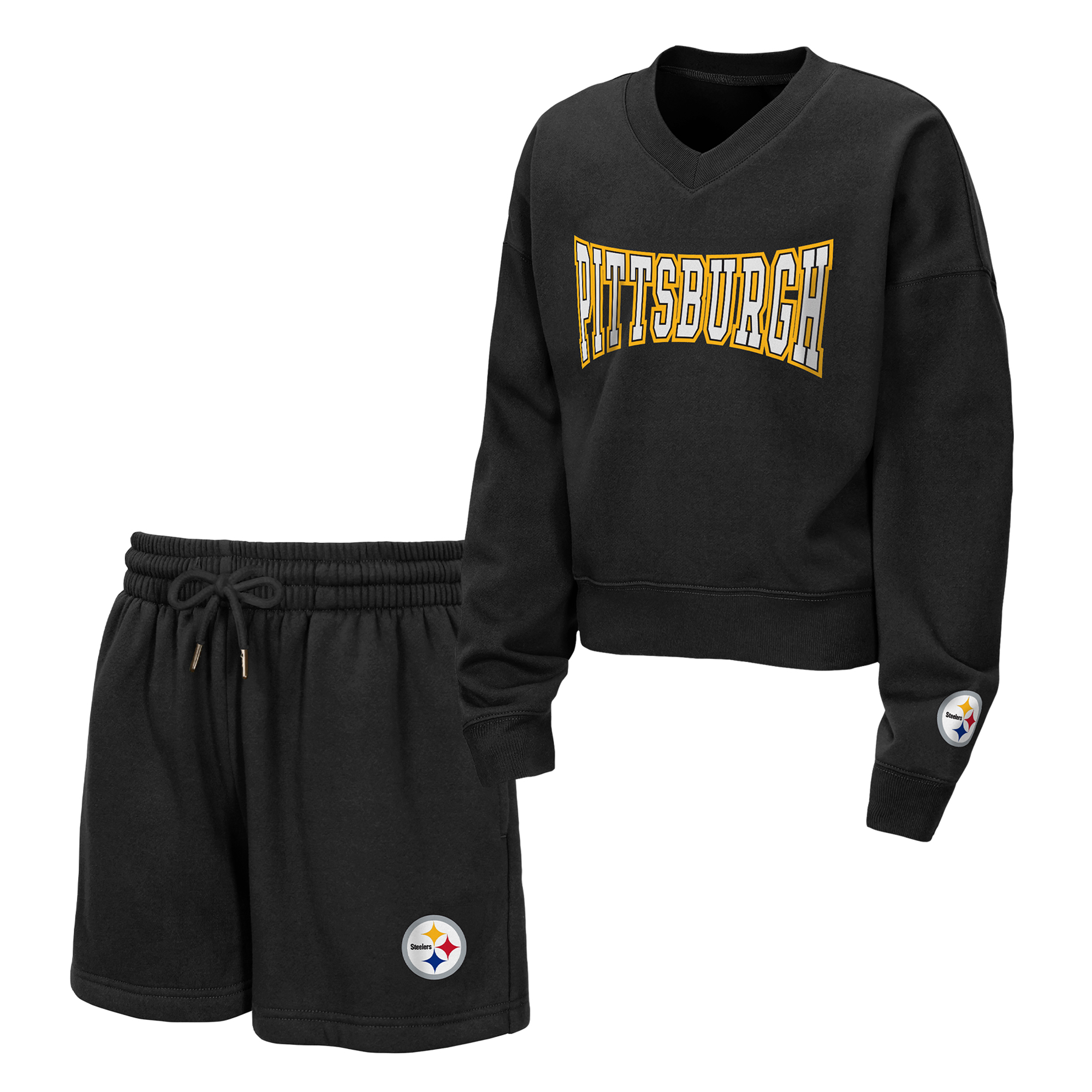 Girls Youth WEAR by Erin Andrews  Black Pittsburgh Steelers Red Zone Fleece V-Neck Sweatshirt and Shorts Set