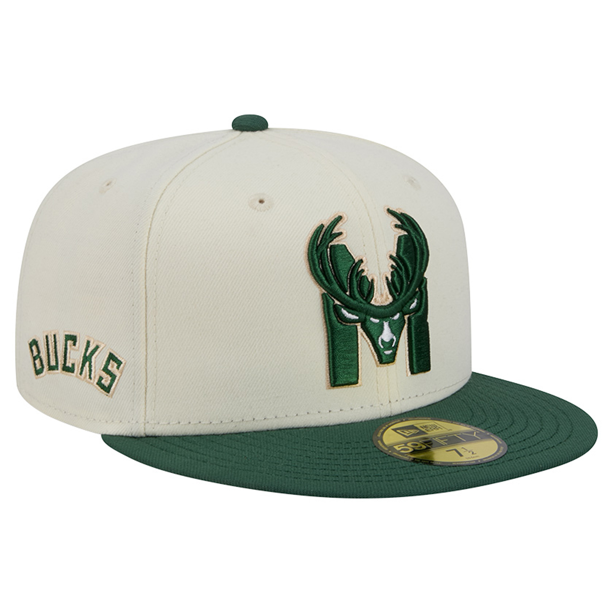 Men's New Era Cream/Hunter Green Milwaukee Bucks Deceptor 59FIFTY Fitted Hat
