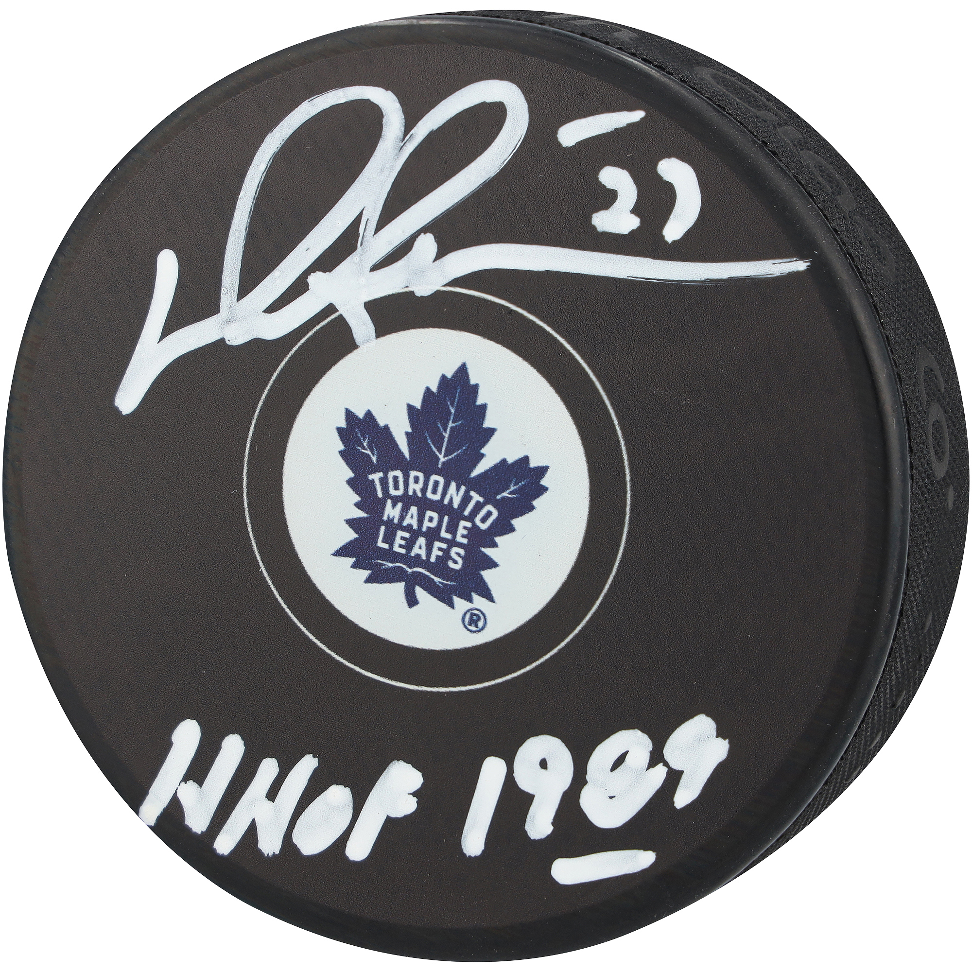 Darryl Sittler Toronto Maple Leafs Autographed Hockey Puck with "HHOF 1989" Inscription - Signed in White