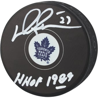 Darryl Sittler Toronto Maple Leafs Autographed Hockey Puck with "HHOF 1989" Inscription - Signed in White