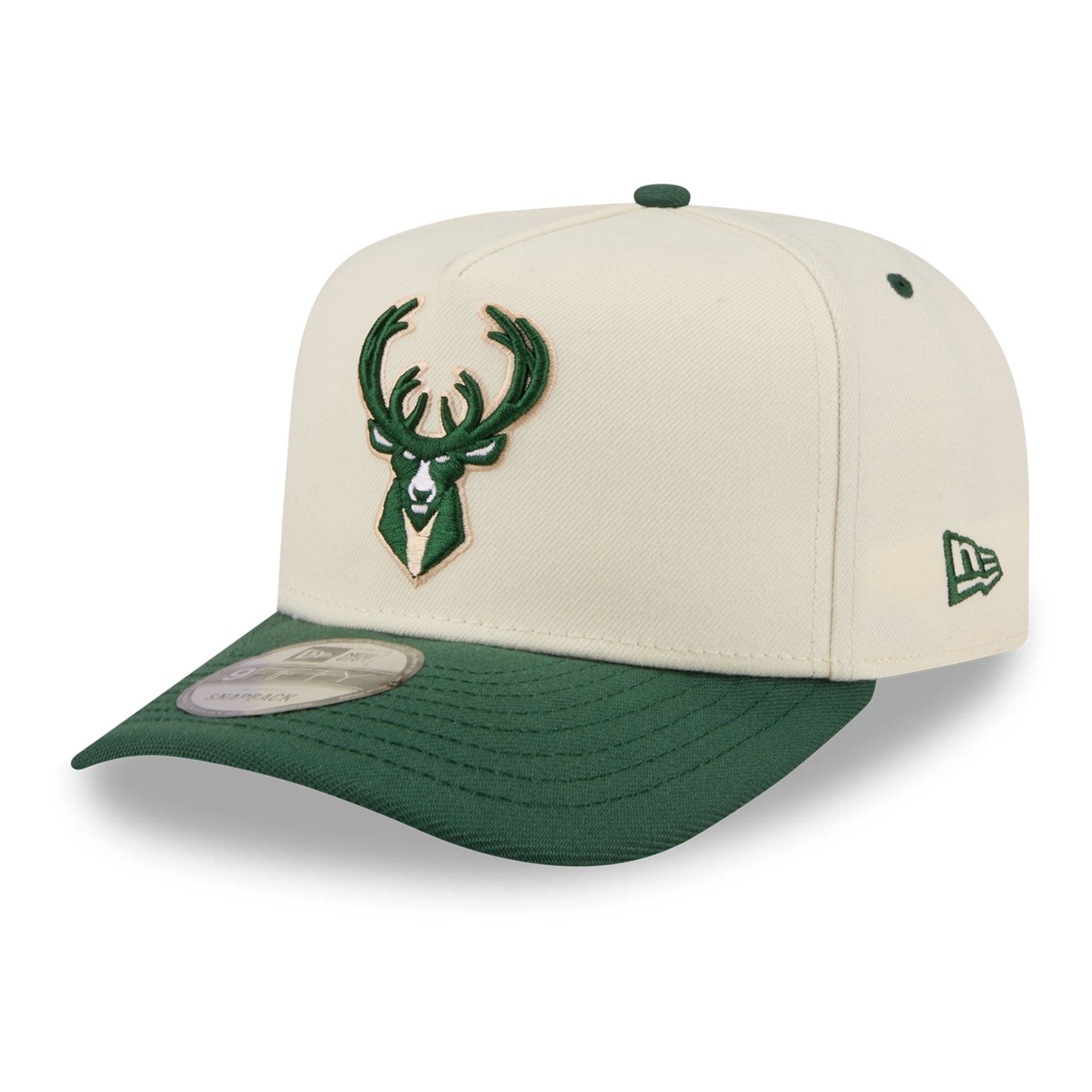 Men's New Era Cream/Hunter Green Milwaukee Bucks City A-Frame 9FIFTY Snapback Hat