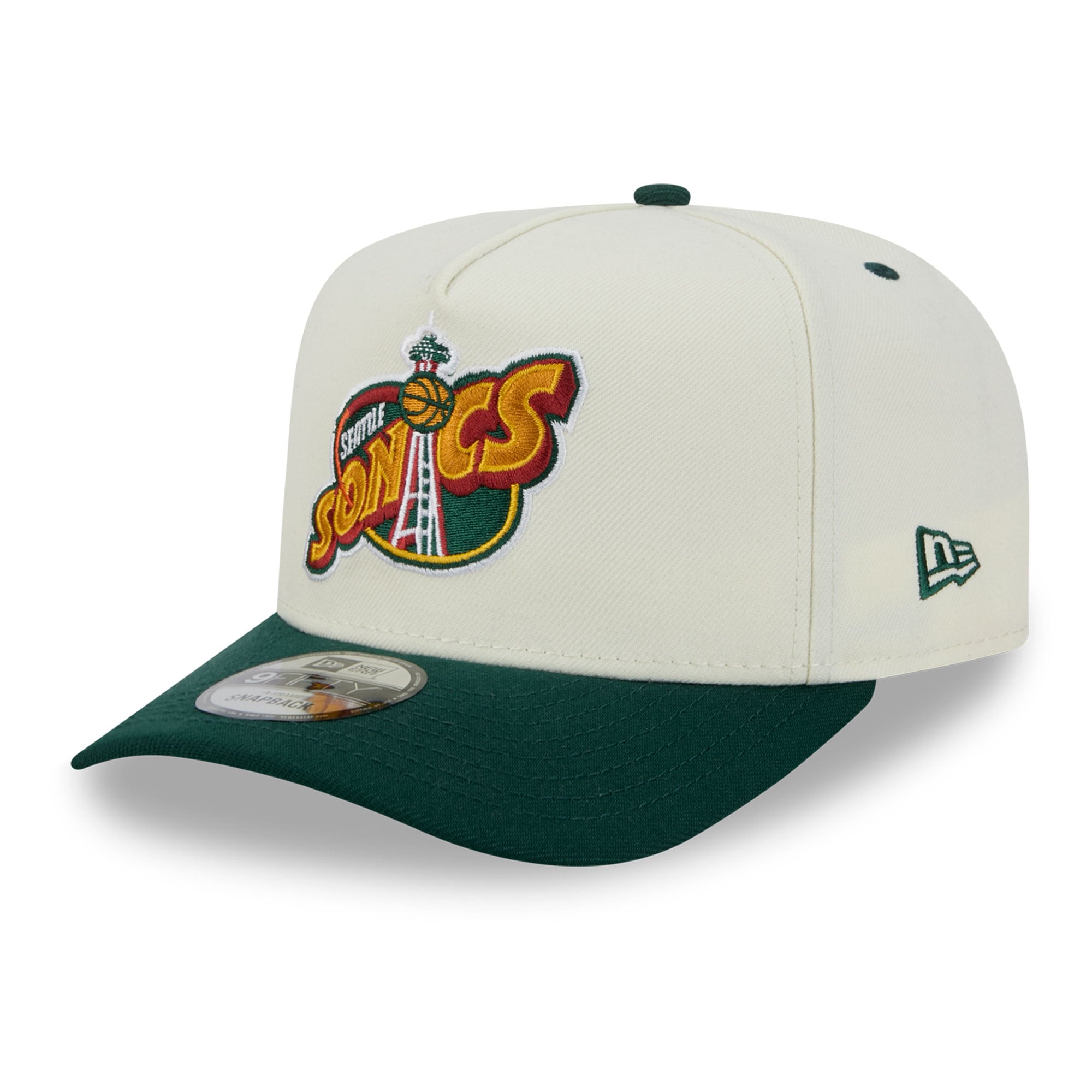 Men's New Era Cream/Green Seattle SuperSonics City A-Frame 9FIFTY Snapback Hat
