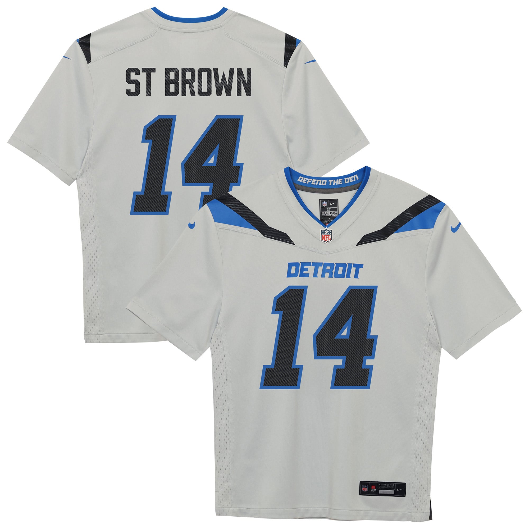 Camiseta de juego Nike Amon-Ra St. Brown Silver de los Detroit Lions de la colección Rivalries 2026 para niños pequeños.