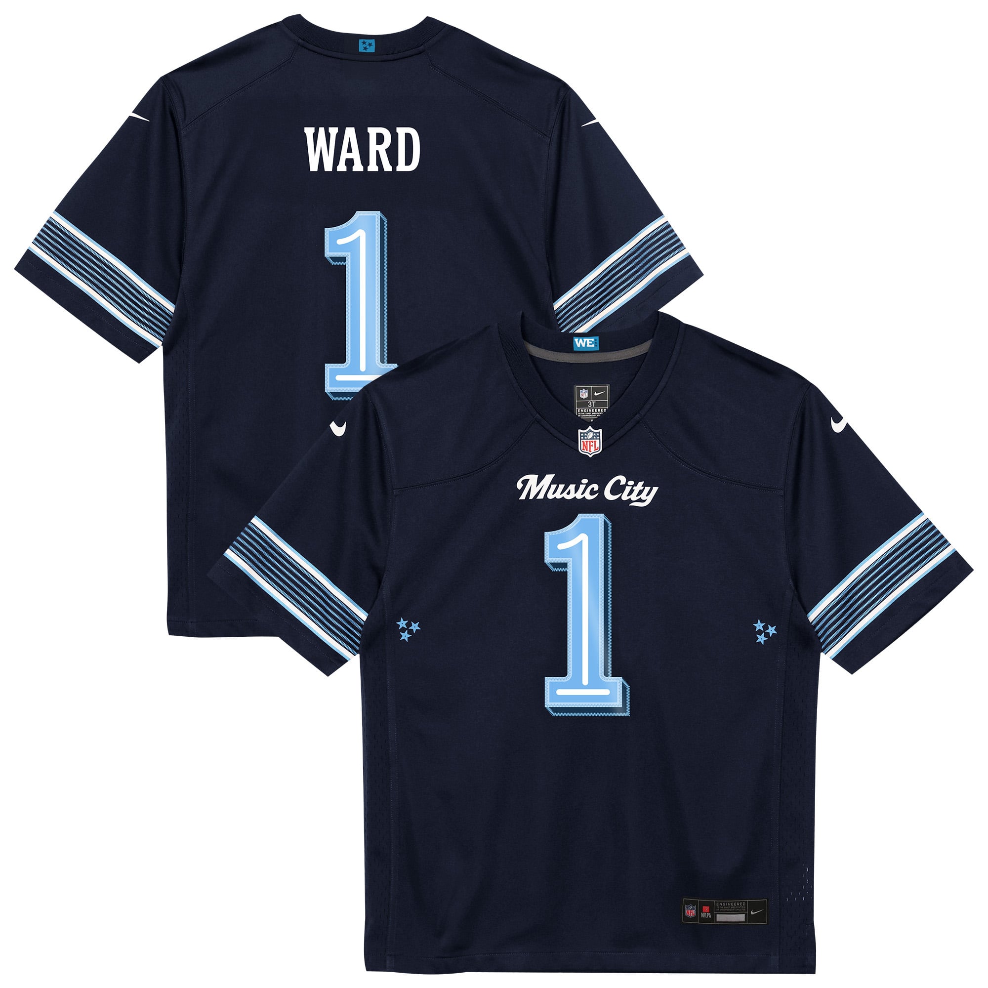 Camiseta de juego Nike Cameron Ward azul marino de los Tennessee Titans 2026 de la colección Rivalries para niños pequeños.
