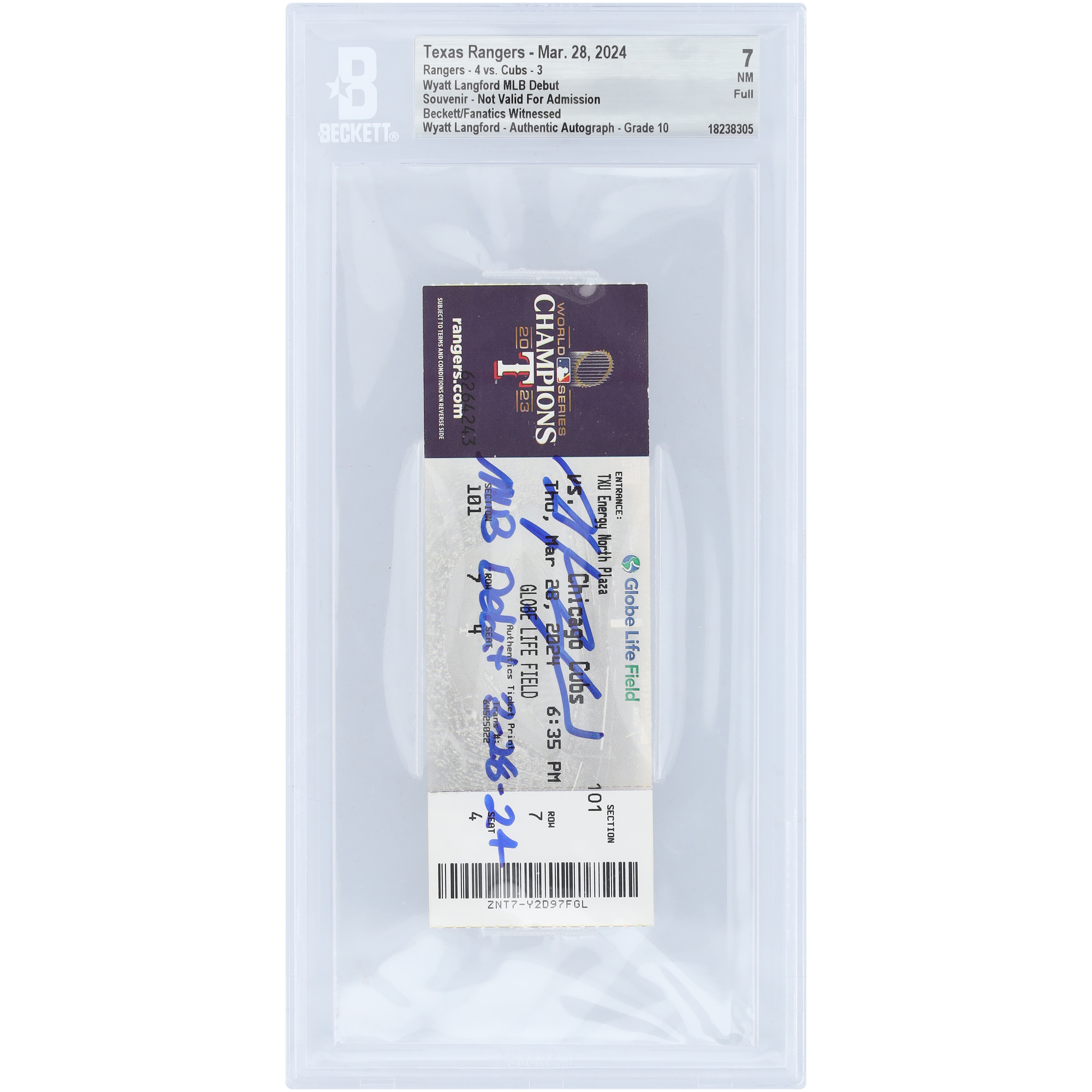Wyatt Langford Texas Rangers Autographed MLB Debut Beckett Fanatics Witnessed Authenticated /10 Ticket from March 28