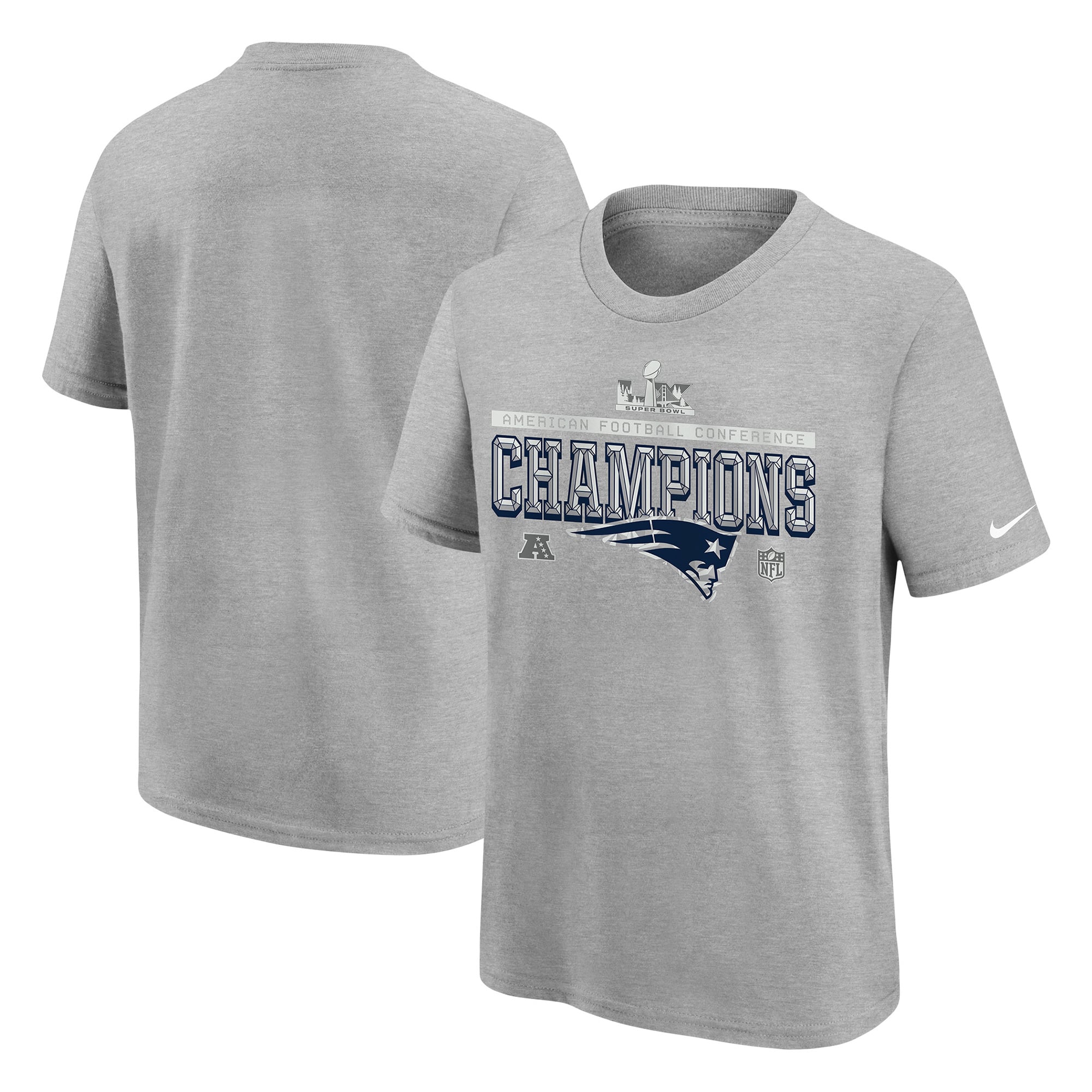 Youth Nike Gray New England Patriots 2025 AFC Champions Locker Room Trophy Collection Authentic T-Shirt