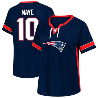 Women's Fanatics Drake Maye Navy New England Patriots Plus Size Lace Bling Name & Number T-Shirt