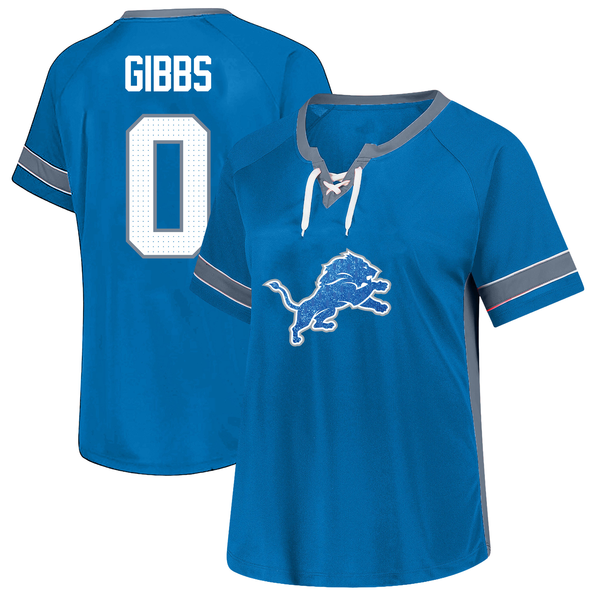 Women's Fanatics Jahmyr Gibbs Blue Detroit Lions Plus Size Lace Bling Name & Number T-Shirt