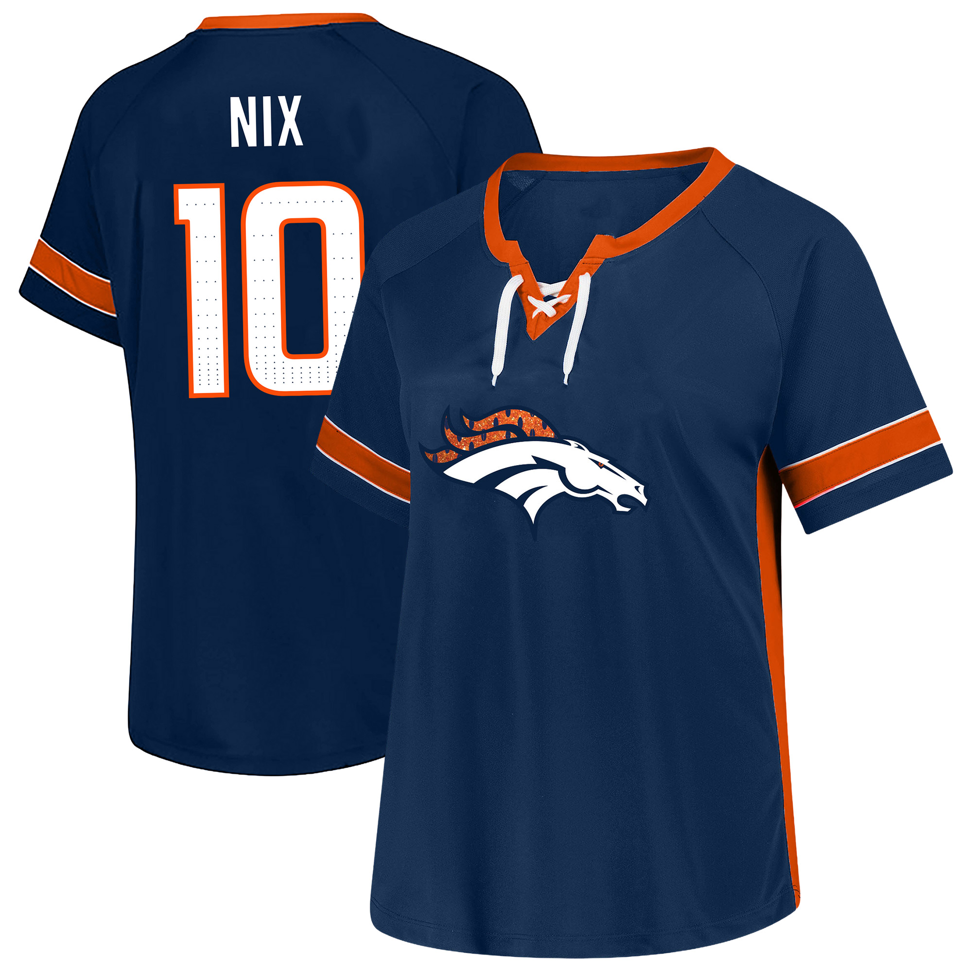 Fanatics Women's Bo Nix Navy Denver Broncos Plus Size Lace Bling Name & Number T-Shirt - Navy